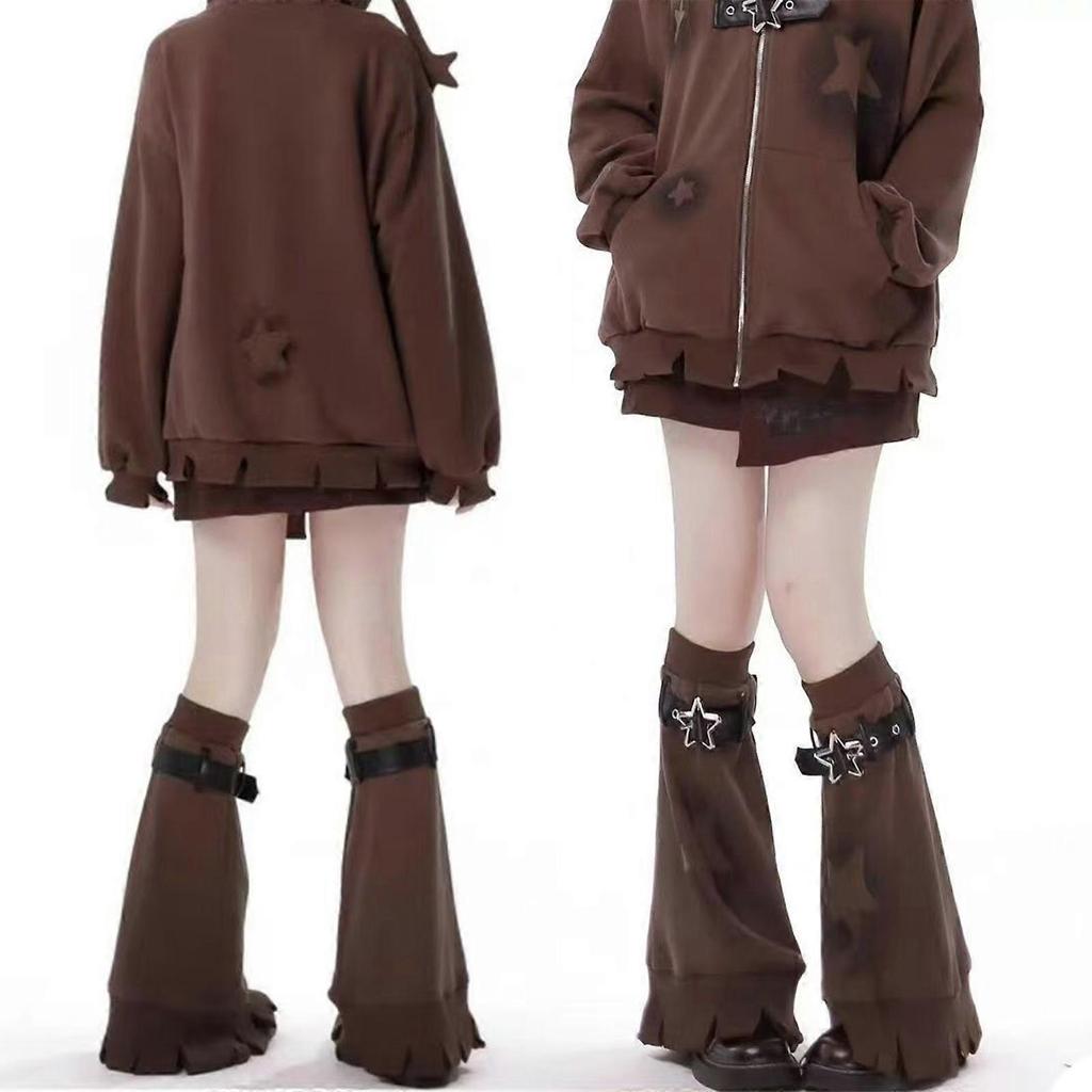 Brown Star Pattern Leg Warmers with Adjustable Leather Buckle Strap for Women Punk Flared Leg Covers Footless Socks  Brown