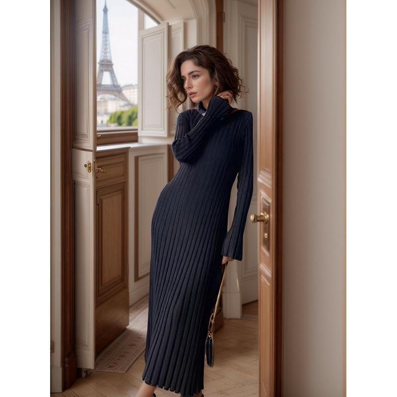 2025 Spring/Summer Women's Slimming Round Neck Rib Knit Maxi Dress