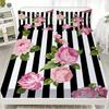 3pcs Fitted Sheet Set Black And White Stripes With Roses Easy Care Durable Bed Sheet With Pillowcases For Bedroom Decor