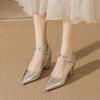 Silver Pointed High Heels Women's Autumn New Cross Belt with Skirt Temperament Light Mouth Thick Heel Single Shoes