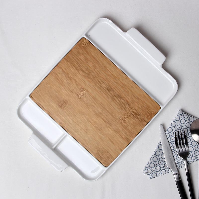 

12,6-дюймовая белая керамическая разделенная тарелка с бамбуковой разделочной доской для похудения, диетическая тарелка для еды, сервировочная тарелка для ужина