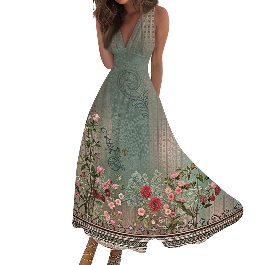 Γυναικεία Μοντέρνα Casual Φαρδιά Αμάνικα Φορέματα με V-λαιμόκοψη και Σχέδια