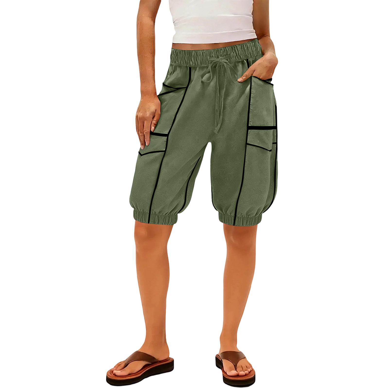 

Women s sanitary pants, leg binding pants, high waisted patchwork pockets, casual five quarter pants L армия зеленый