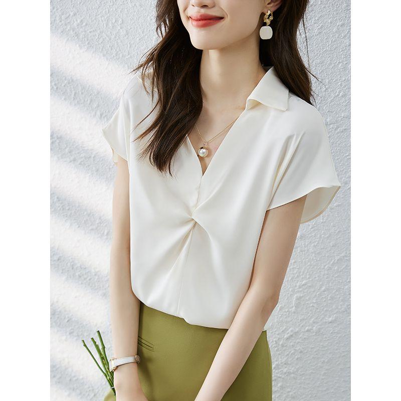 Sweet Summer New Arrival K-style Lake Blue V-neck Satin Fashion Commuter with Shoulder Short Sleeve Shirt Top Easiest for Match Female