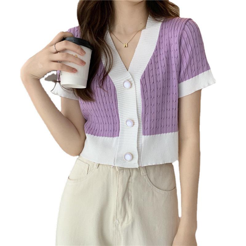 Women's Retro V-Neck Short-Sleeve Knit Top - 2022 Summer Korean Style, Loose Fit, Trendy Design
