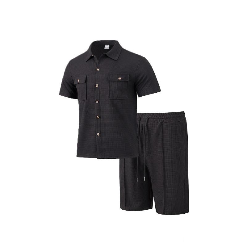 Men S Summer Workwear Short Sleeve Shirt Shorts Loose Waffle Set
