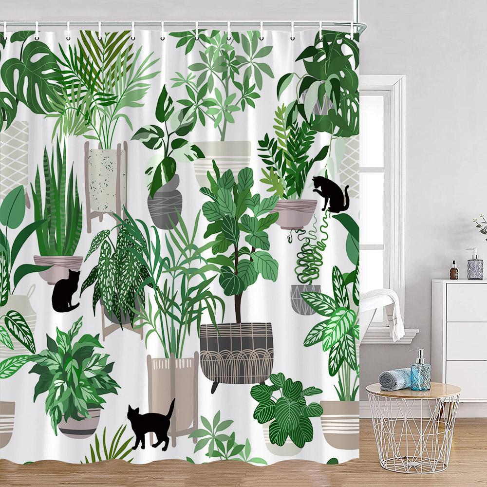 Grüne Topfpflanzen Duschvorhänge Cartoon Katzen Hängende Tropische Blätter Dekorationen Für Bad Polyestergewebe Badezimmervorhang