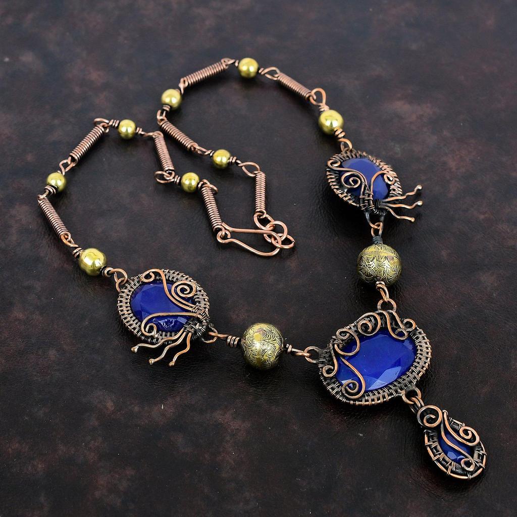 Faceted Blue Sapphire Gemstone Necklace Copper Wire Wrapped Adjustable Chain Necklace Handmade Necklace Wire Wrapped Jewelry Wedding Gifts