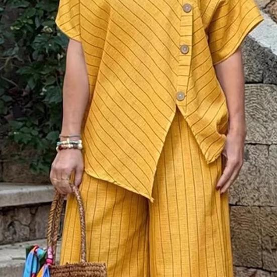 Women's Striped Short Sleeve 2 Piece Outfits Summer Crew Neck Top And Long Pants Matching Lounge Sets with Pockets