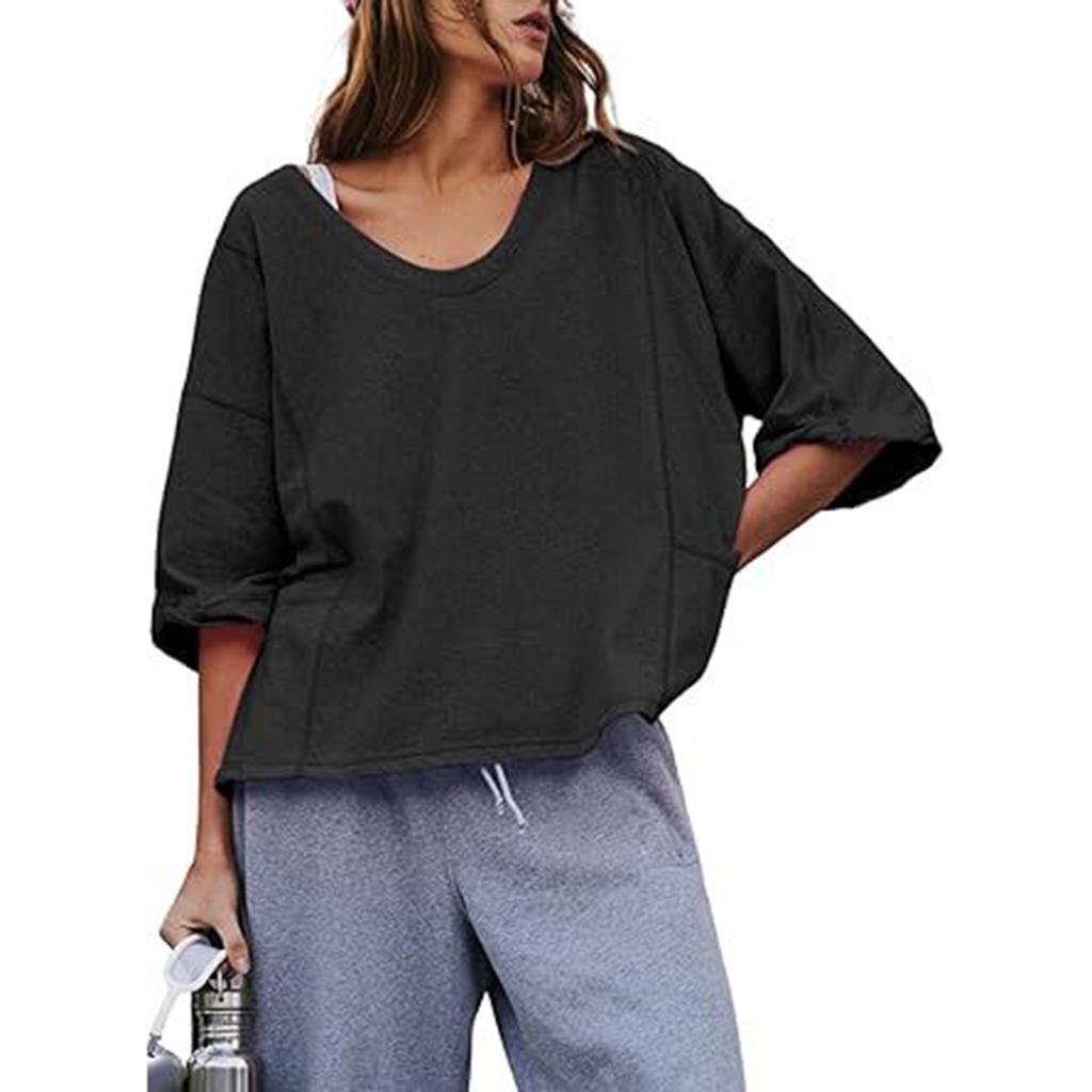 Women's U-neck Loose Seven Quarter Sleeve Patchwork Pocket Shirt