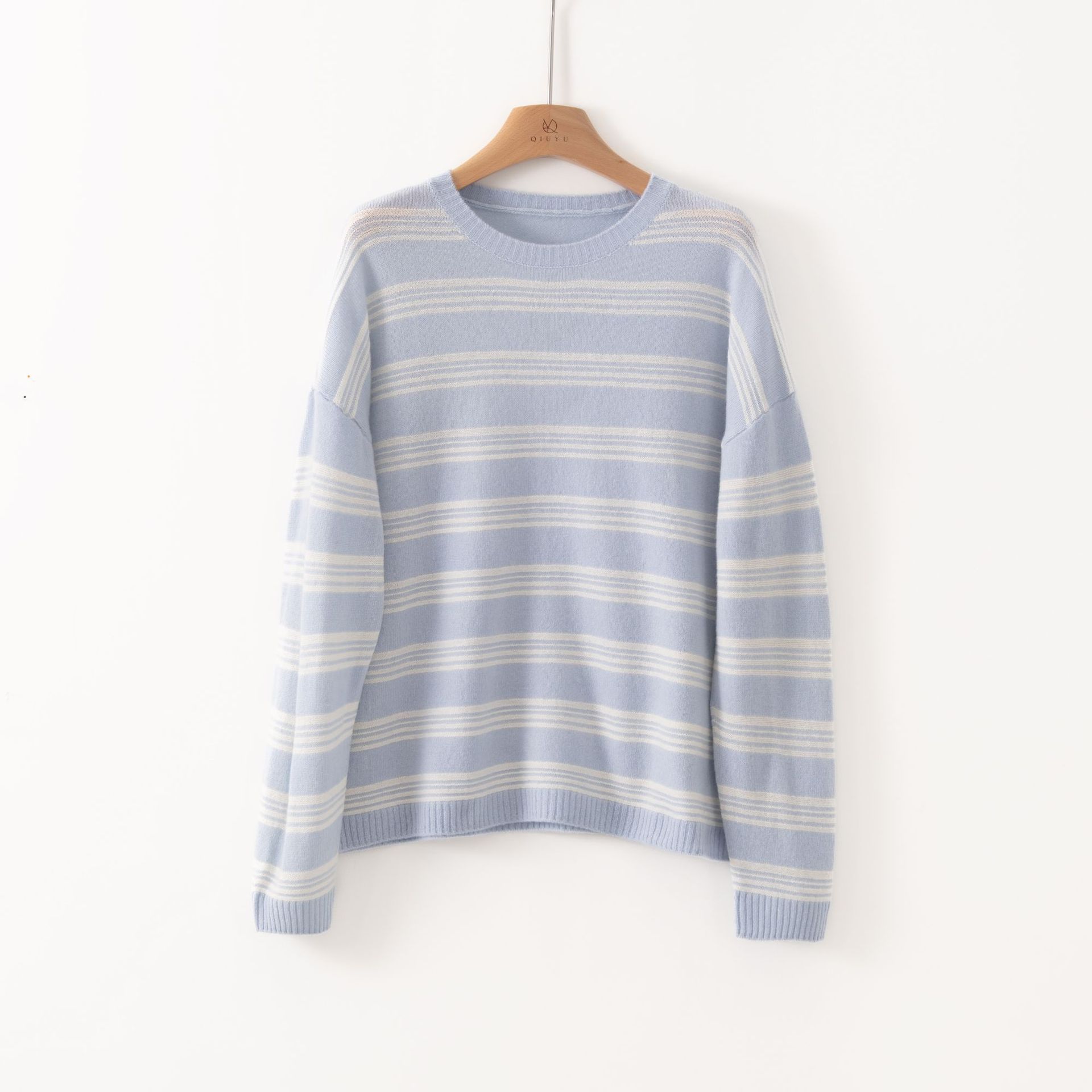 

Split-layer stripes contrasting colors crew neck 0 wool sweater women s autumn new pullover with loose sweater inside M синий
