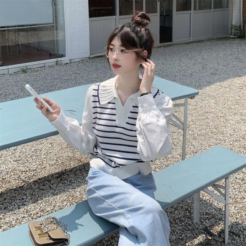 polo collar stripe fake two long sleeve knitted sweaters women's autumn new design sense niche slim short top