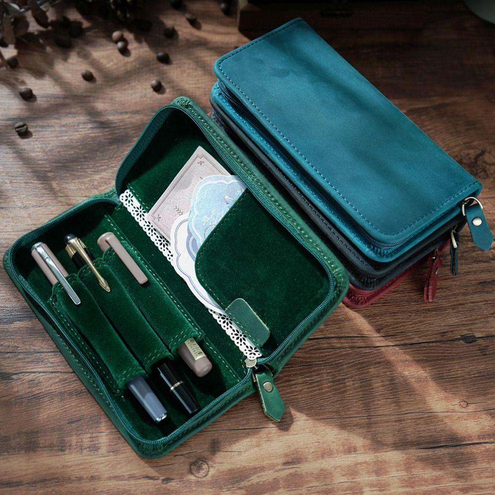 Strato Superiore di Pelle di Mucca Custodia per Penne in Pelle di Mucca Chiusura a Zip Porta Carte Pochette per Penne Grande Capacità 3 Scomparti Borsa per Penne in Pelle di Mucca