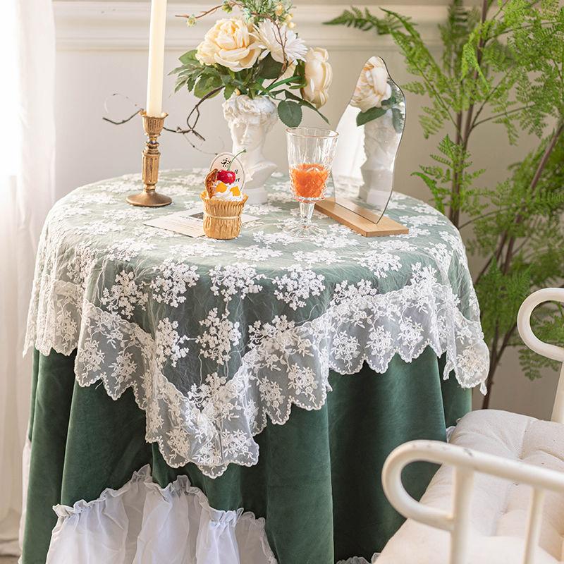 Vintage Olive Green Velvet Decorative Lace Tablecloth Lace Cover Cloth Coffee Table Peacock Blue Tablecloth