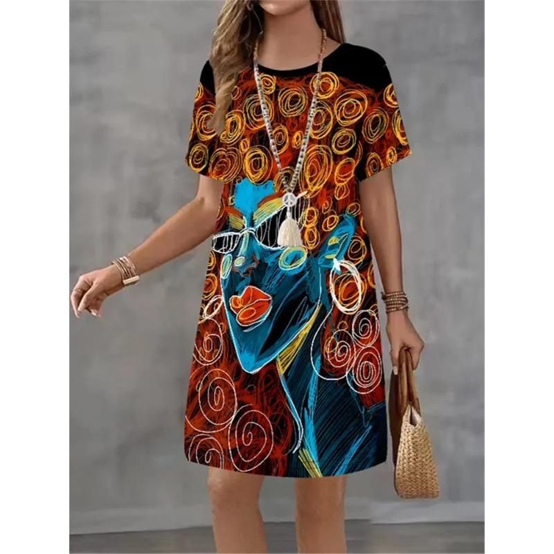 Summer Ladies Abstract Portrait 3D Printed Short Sleeve Dress