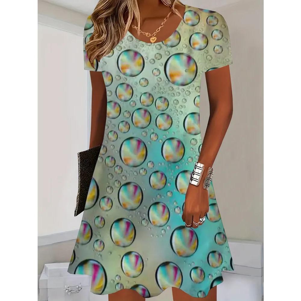 Summer Round Neck Short Sleeved Dress Colorful Heart-shaped Water Droplet Print Fashionable Comfortable Breathable Vacation Casual Women's Mini Dress
