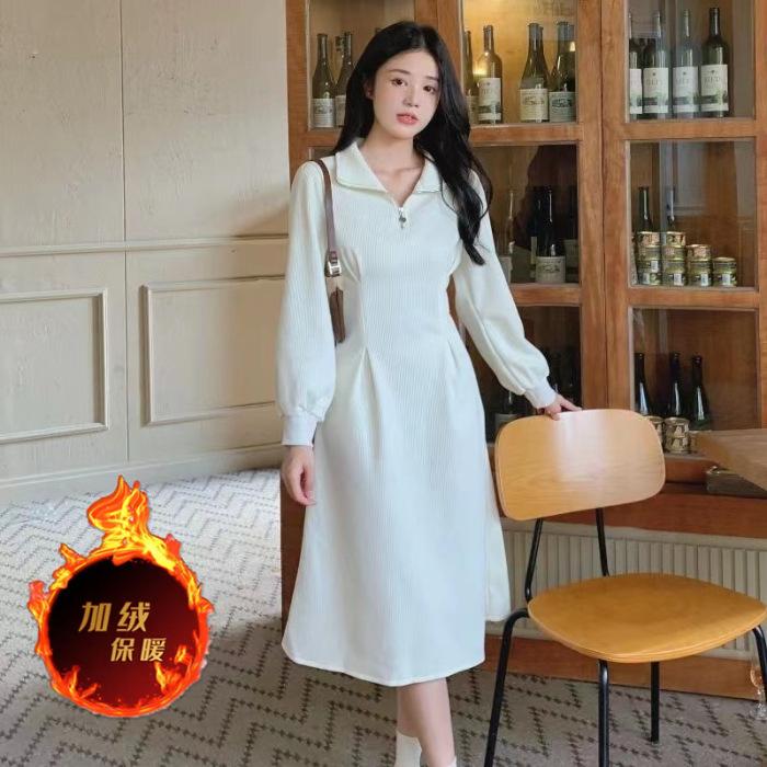 

Heart neckline zipper fleece dress autumn and winter new women s gentle wind inside with coat inside with medium and long skirt S абрикосовый