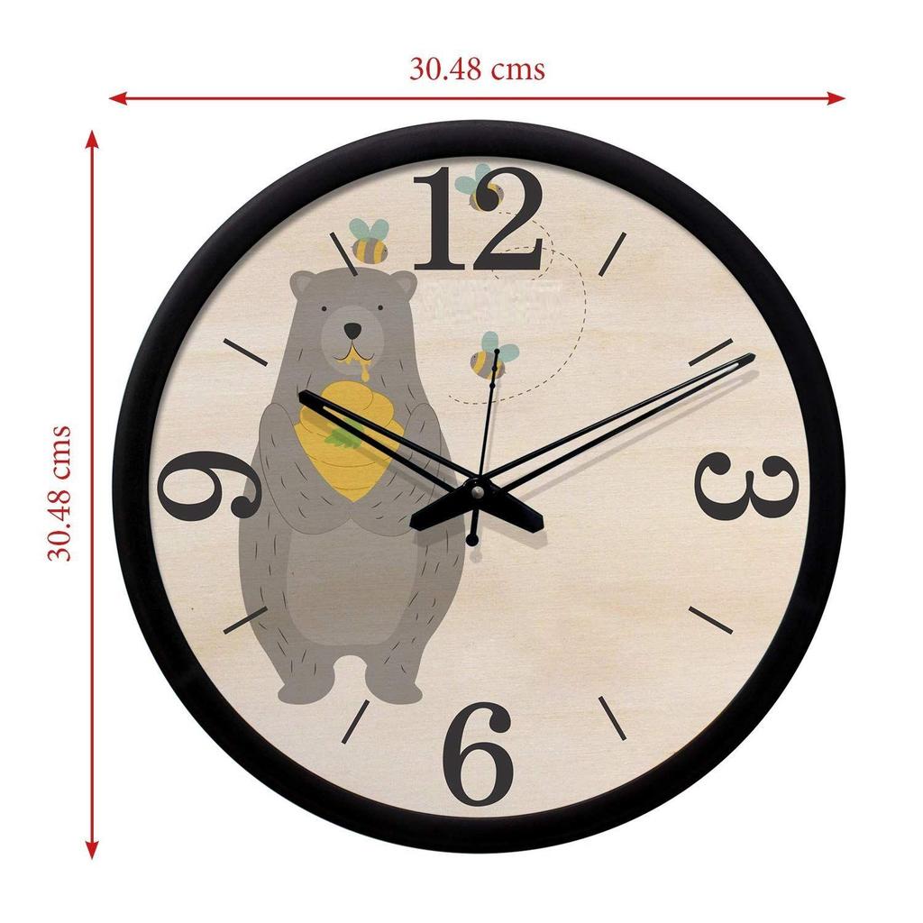 12-inch Plastic & Glass Wall Clock - Bear (Silent Movement, Black Frame)