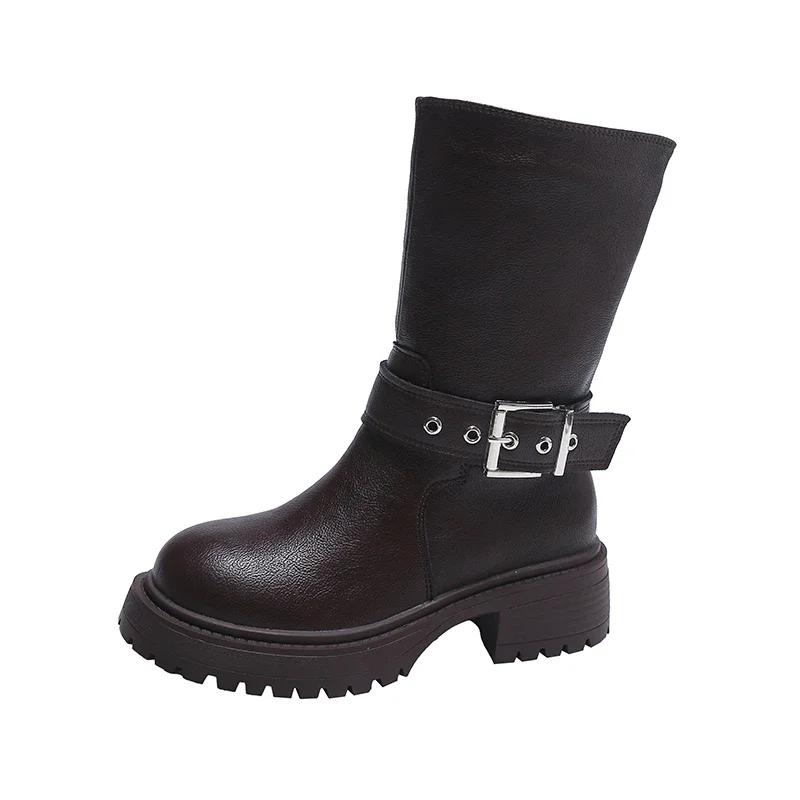 

2024 Лето Новые Длинные Сапоги Толстый Каблук Ремень Пряжка Противоскользящие Тонкие Сапоги Ретро Мода Большой Рукав Мотоциклетные Сапоги 35 коричневый