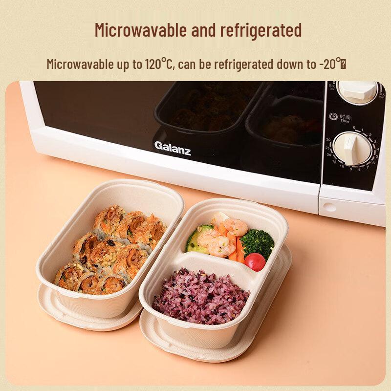 OLOEY 850ml Double Compartment Bagasse Disposable Lunch Boxes with Lids