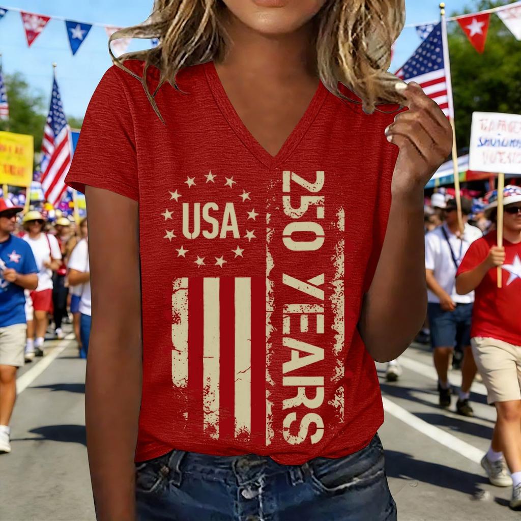 Modisches Lässiges Damen-T-Shirt Mit Kurzarm, Aufdruck und V-Ausschnitt