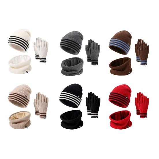 3Pcs/Set Winter Hat Scarf Gloves Set Striped Print Thickened Velvet