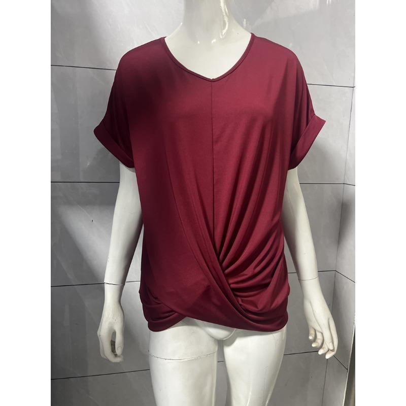 Elegant Short Sleeved Top for Spring and Summer Solid Color V-neck Women's T-shirts