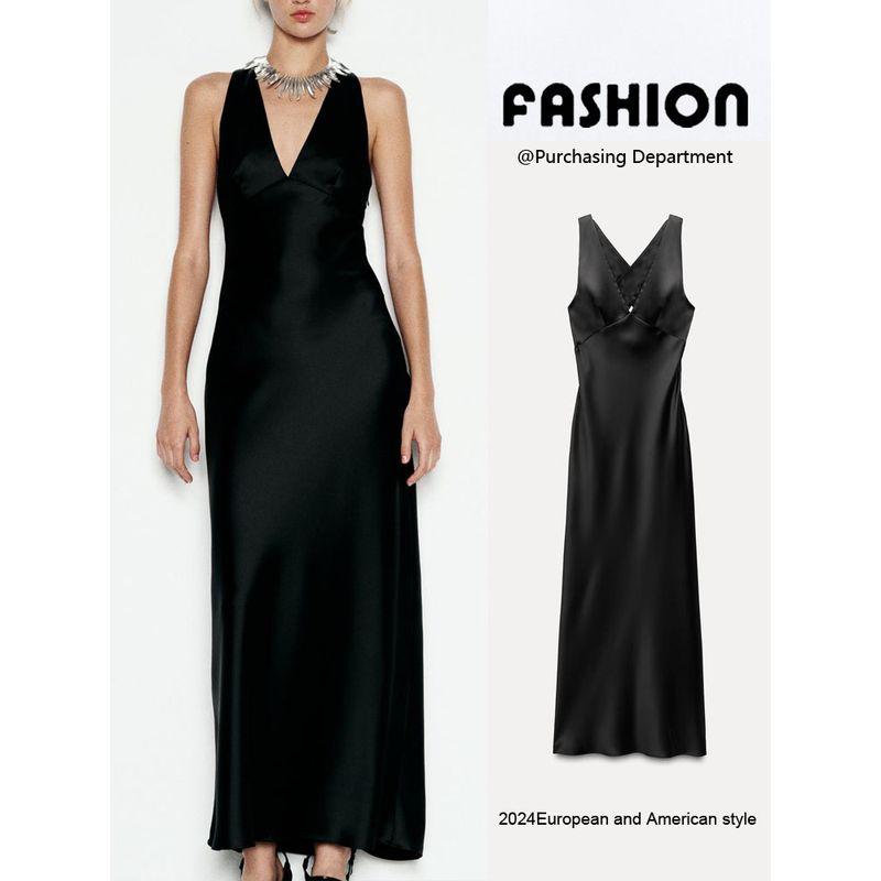 Za2024 Summer New Product Women's Clothes Open Back Sling Silk Satin Texture Sleeveless Long Dress 8226748 800
