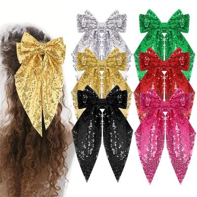 Fashionable Sequined Bow Spring Clip Mesh Ribbon Hair Clip Elegant Christmas and New Year Party Hair Accessory