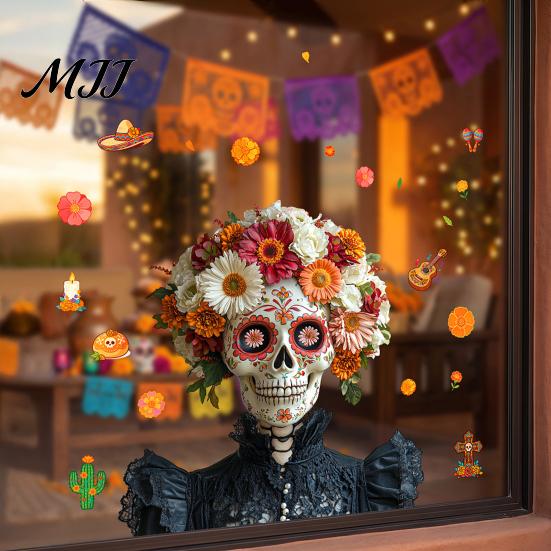 Celebration Accessories Day of The Dead Window Clings, Halloween Double-Sided Skull Sticker, Decals Colorful Flower Skeleton Static for Mexican House