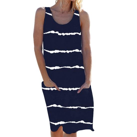 Women's Sleeveless Tank Dress Summer Casual Round Neck Tunic Dress with Pocket Baggy Stripe Beach Sundress Swimsuit Bikini Cover-Up