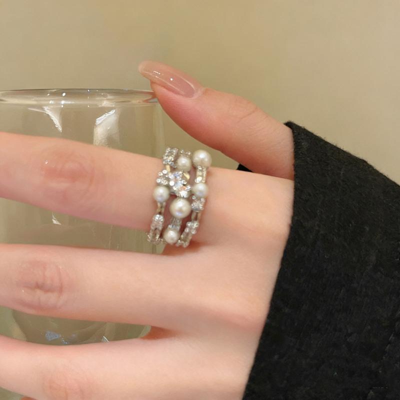 Shiny Pentagram Heart Zircon Open Rings For Women Shiny Imitation Pearl Cluster Index Finger Ring Fashion Dating Jewelry
