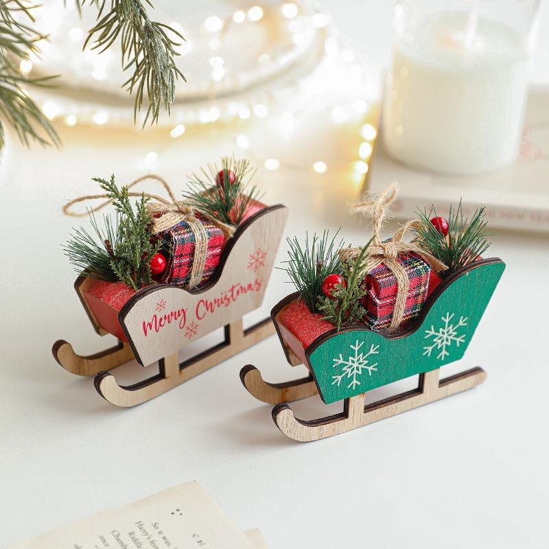 Christmas Wooden Sleigh Ornament Pendant Christmas Tree Decoration Sleigh Pendant Atmosphere Wooden Decoration