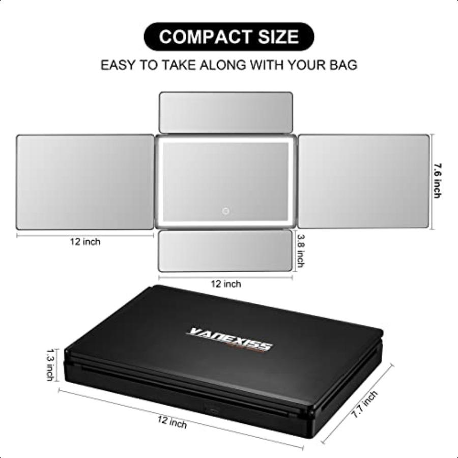 

Rechargeable 5 Way Mirror for Hair Cutting Real Glass Adjustable Trifold Mirror with Light Telescoping Hooks for Makeup Styling United States