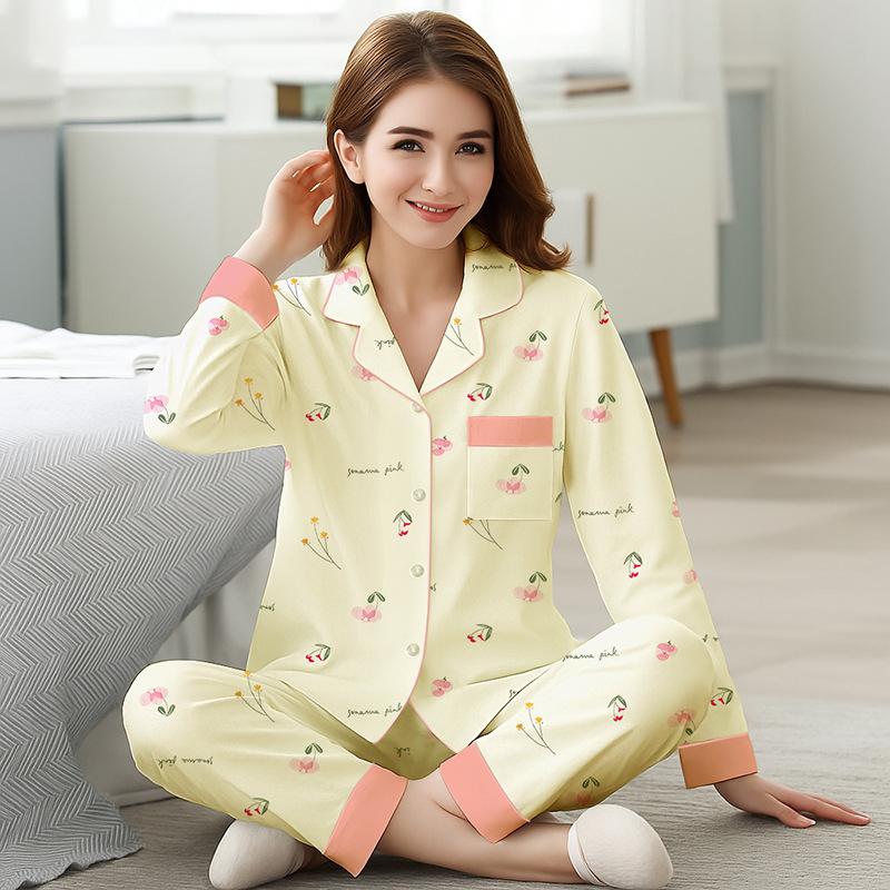 Modischer floraler Pyjama Damen Frühling und Herbst Imitat Baumwolle Langarm-Cardigan Mittel Mutter Große Größe Anzug Loungewear