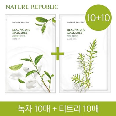 [10+10] Real Nature Mask Sheet (10 Green Tea Sheets + 10 Tea Tree Sheets)