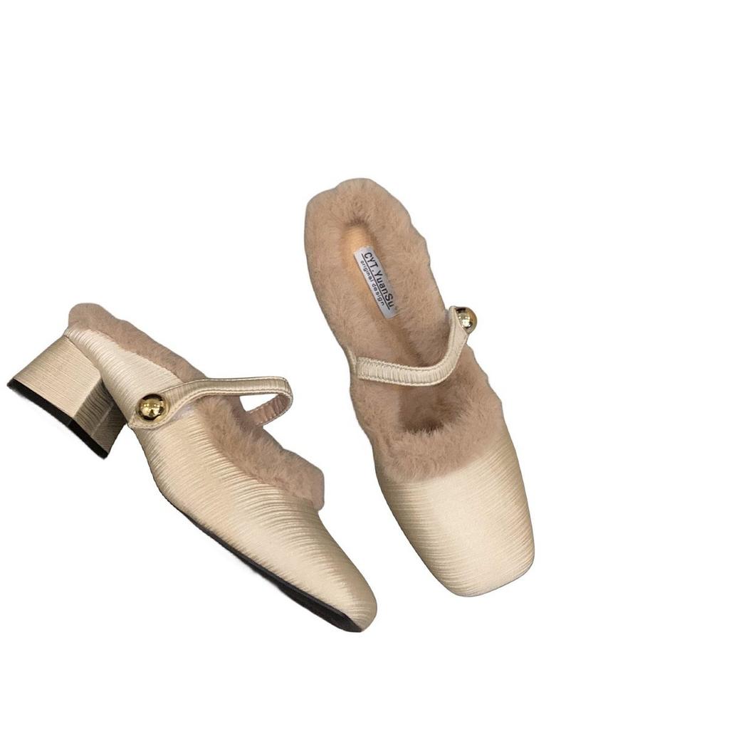 Thick Heel French Small Fragrant Wind Fluffy Slippers Women's Shoes 2025 New Autumn and Winter Bag Head Half Slippers Velvet Cotton Shoes
