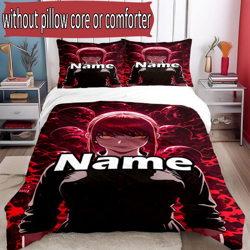 3pcs Duvet Cover Set (1*Duvet Cover + 2*Pillowcase, Without Core), Custom Name Makima Chainsaw Man Pattern Bedding Set, Home Bedroom Decor Gift