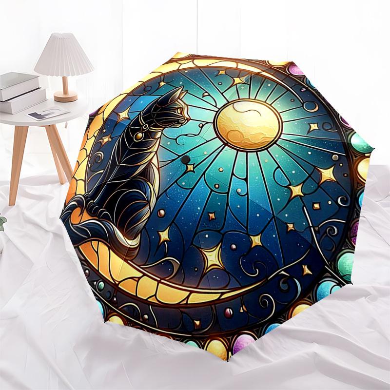 1pc Stained Glass Cat Design Automatic Folding Umbrella - Portable 3-Fold Design with Iron Frame, Outdoor for Fans, Travelers, Daily Use, Festive Gift