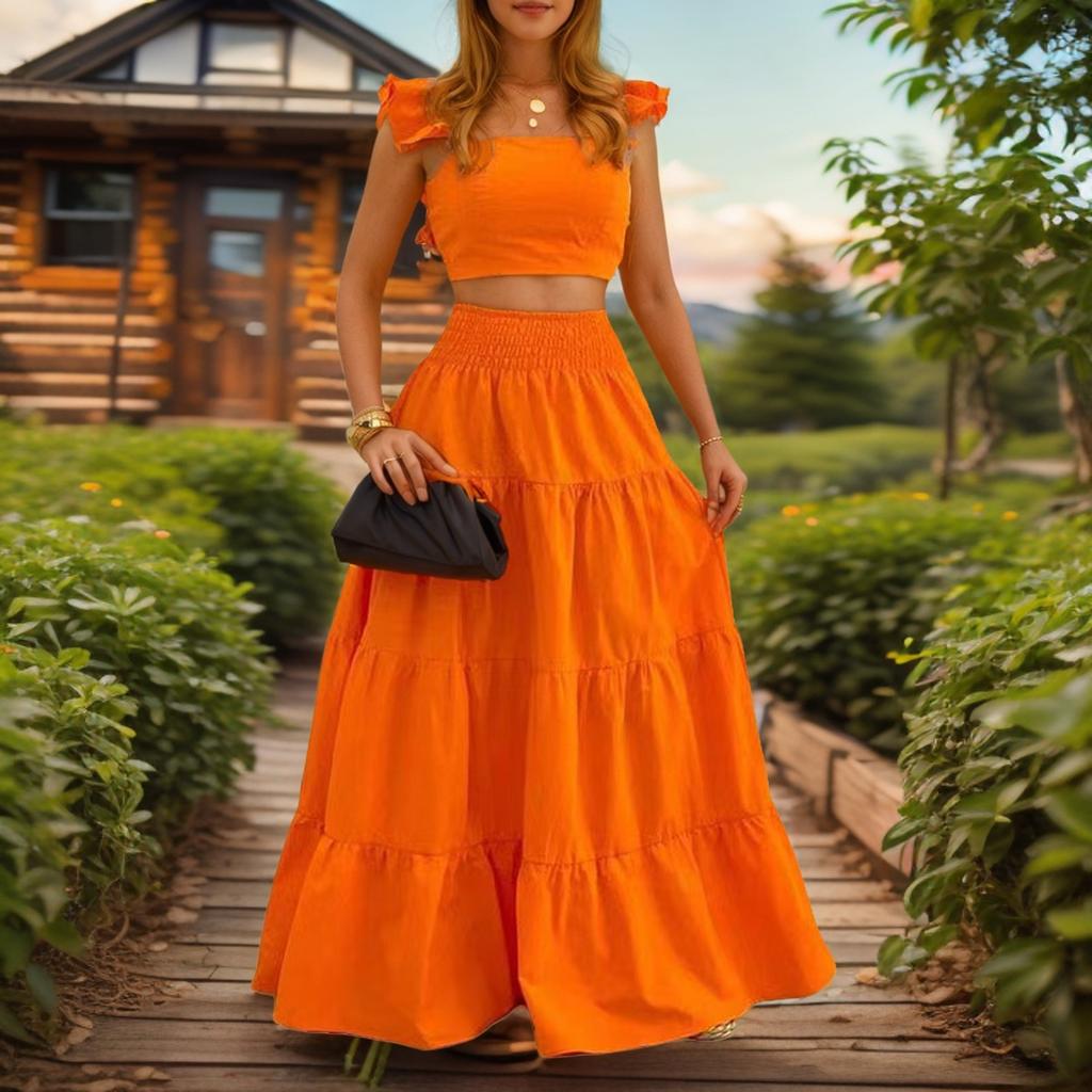 Women's 2 Piece Outfit Set Sexy Solid Color Ruffle Sleeve Crop Top High Waist Tiered Flowy Maxi Skirt Elegant Vacation Beach Wear Suit