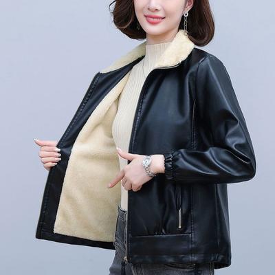 Autumn Winter Women's Fleece Leather Jacket Plus Velvet Leather Biker Jacket Thick Flocked Leather Coat