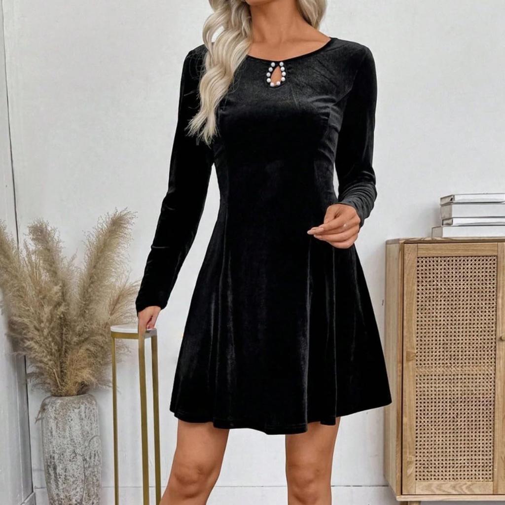 Damen Samt Minikleid mit Schlüssellochausschnitt, Perlenverzierung, langen Ärmeln, elegantem Vintage A-Linien Kleid