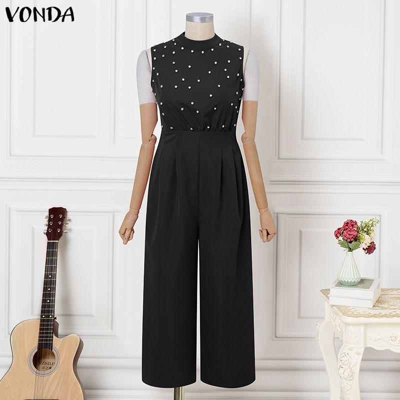 VONDA Summer Women Sleeveless Beading Casual Long Elegant Jumpsuits Overalls