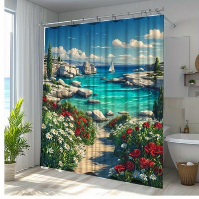 1pc Nature Landscape Shower Curtain with Colorful Wildflowers and Soothing Seascape, Bathroom Decorative Shower Curtain