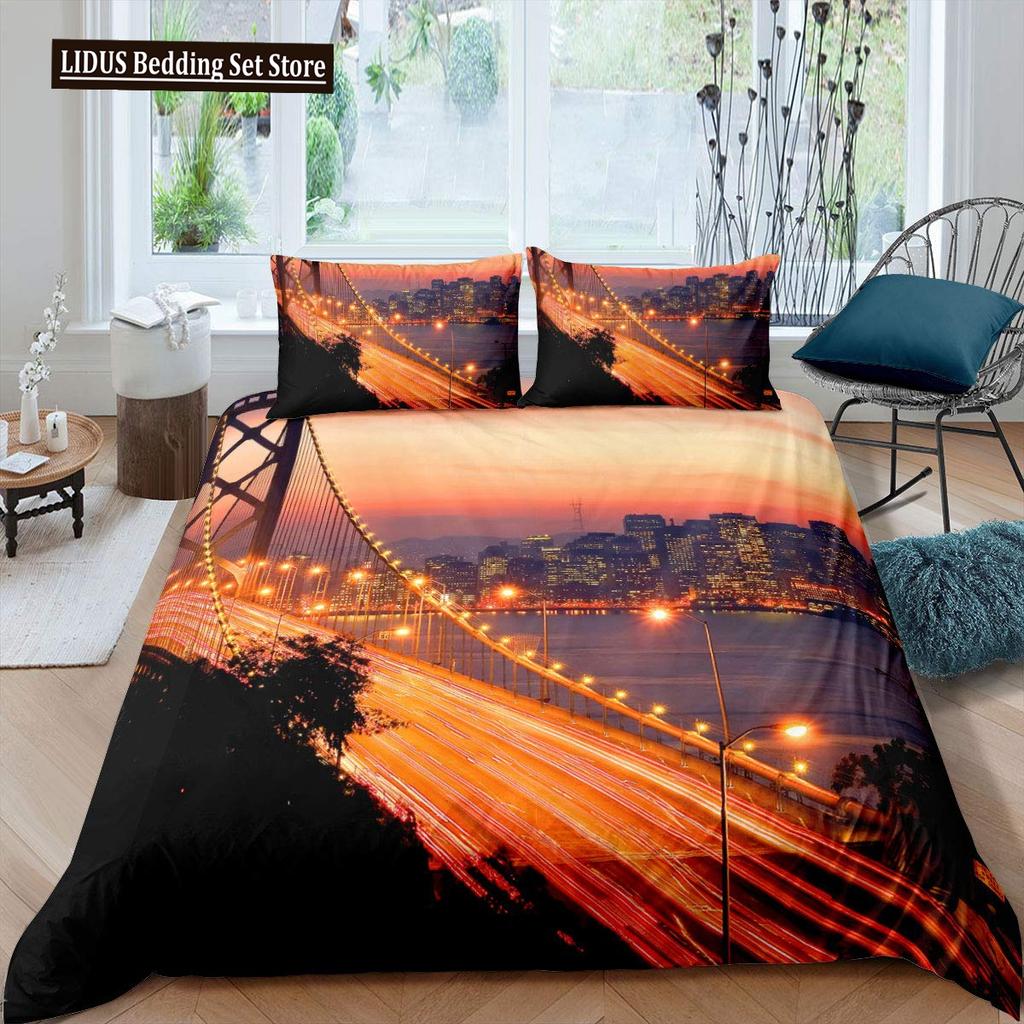 New York Duvet Cover NYC That Never Sleeps Reflection On Manhattan East River City Night Scene Room Decorative Bedding Pink Blue
