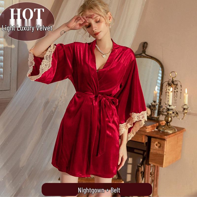 Women's Sexy Pajamas: Ice Silk Swaying Collar, Luxurious Mesh Suspender Nightgown with Outer Robe