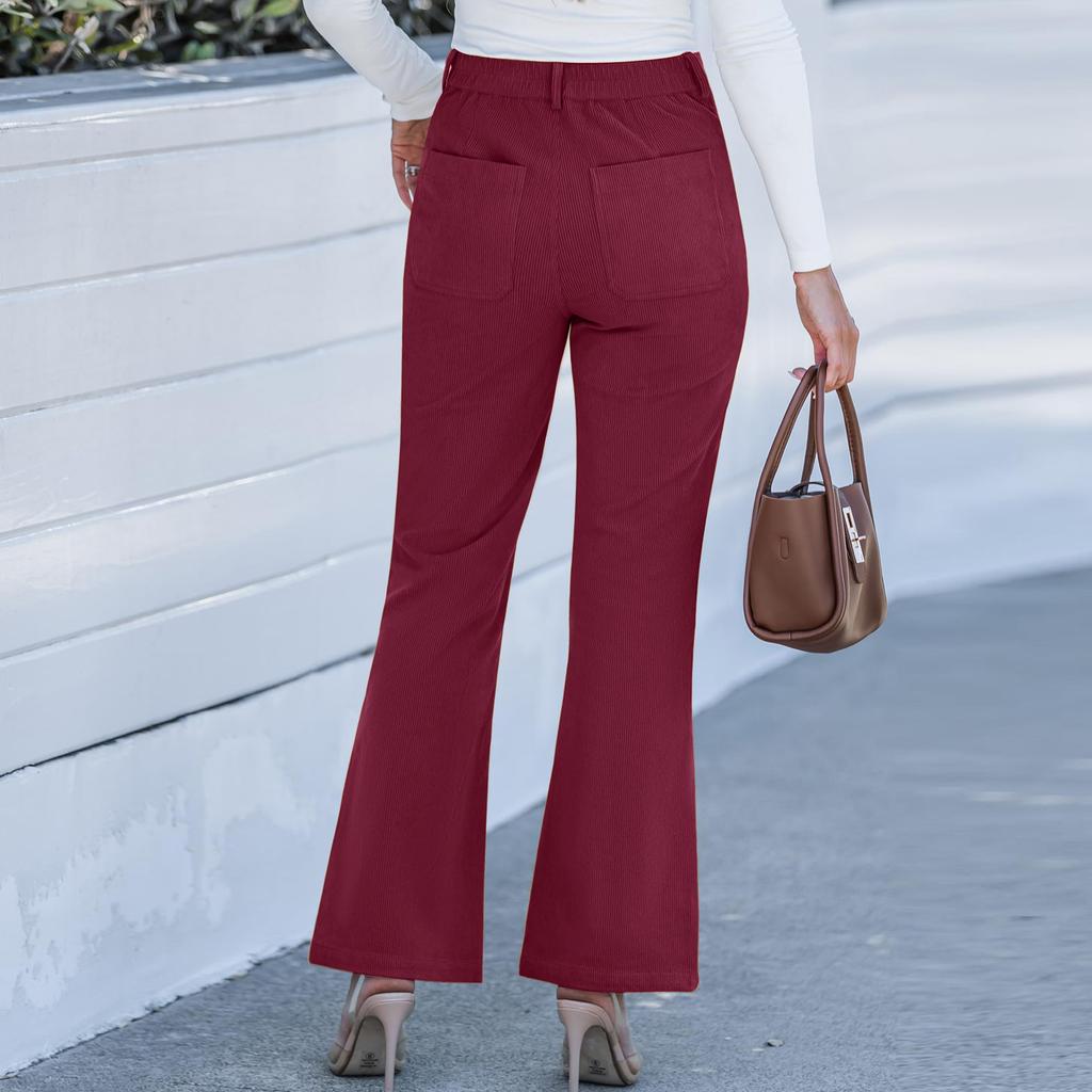 Corduroy Pants For Women Flare High Waisted Fall Winter Elastic Waist Stretchy Work Casual Trendy Wide Leg Pants