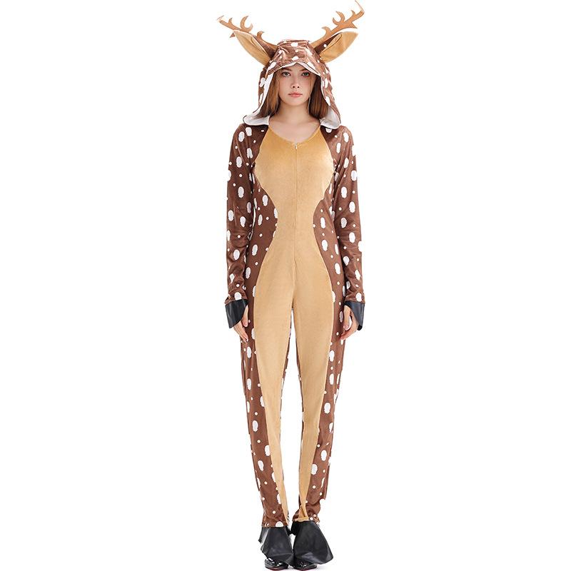 Adult Women Animals Sika Deer Elk Christmas Reindeer Velvet Hooded Jumpsuit New Year Halloween Role Play Dress Up Cosplay Costume