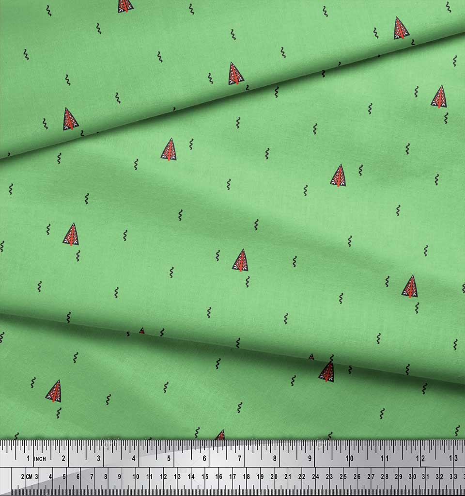 Soimoi Zelená japonská krepová saténová látka Abstraktní a stromový folklorní umělecký potisk Šicí látka metr 42 palců