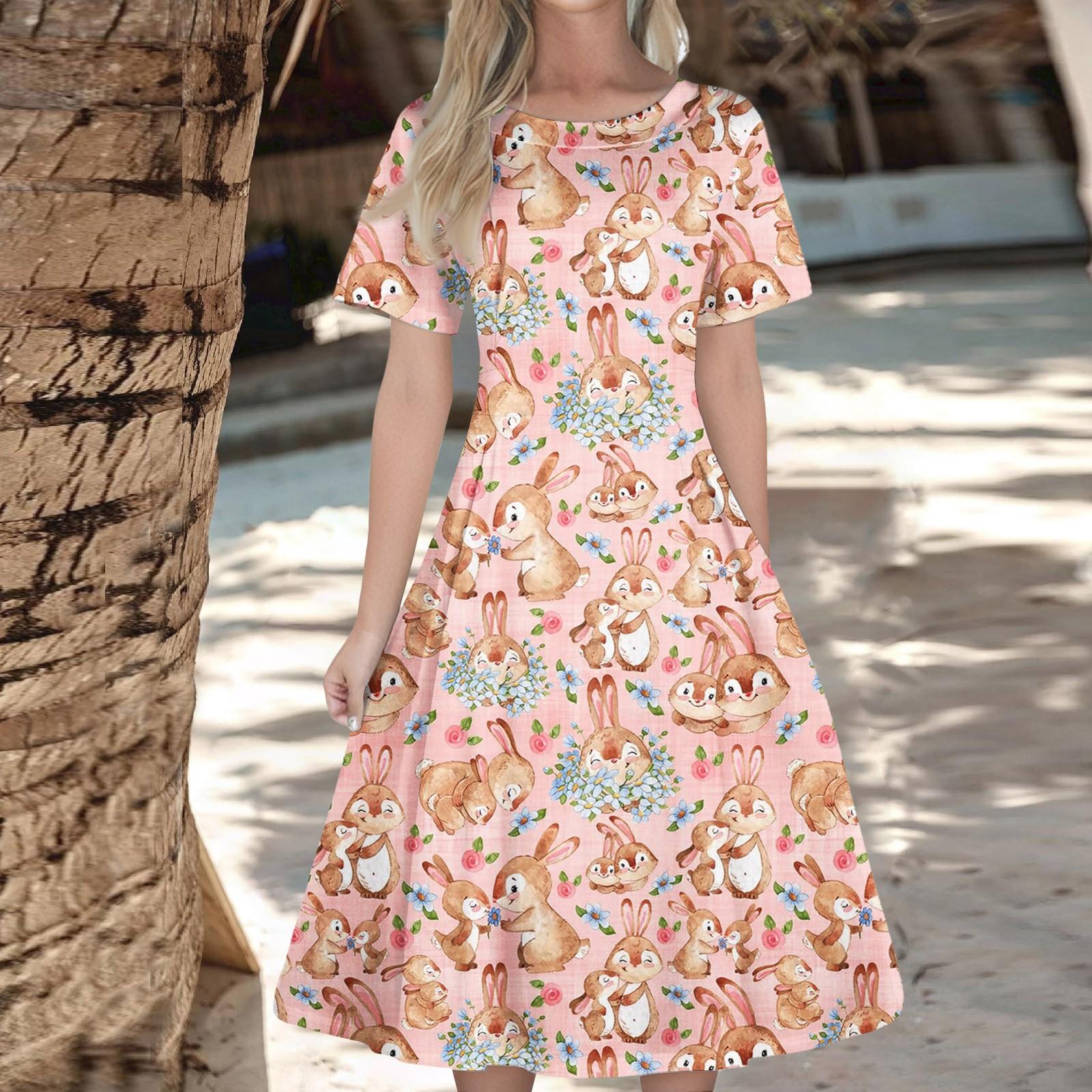 

Женское повседневное модное платье с пасхальным принтом, круглое платье с коротким рукавом и талией, средней длины (с молнией) L чёрный